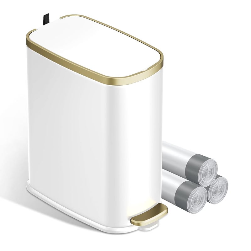 KUK Small Bathroom Trash Can with Lid Soft Close, Step Pedal, 2.6 Gal Stainless Steel Garbage Can with Removable Inner Bucket, Anti-Fingerprint Wastebasket for Office, Bedroom, Toilet (White) - Image 1
